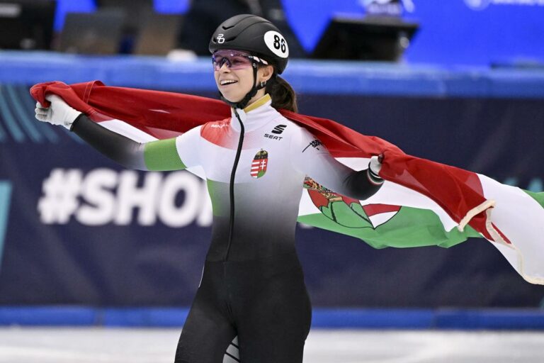 Gold medal winner Petra Jászapáti after the women's 500m final at the European Short Track Speed Skating Championships at the Joynext Arena in Dresden, 19 January 2025.