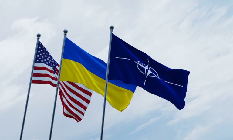 Flags NATO USA and Ukraine peace scientists support