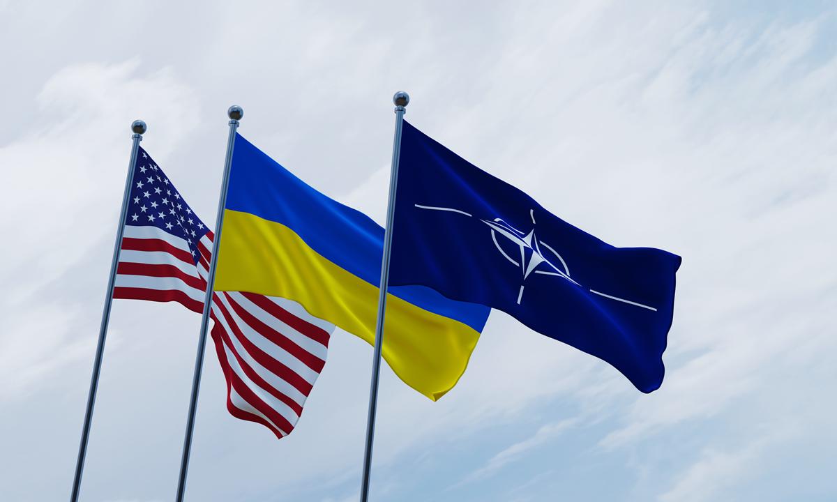 Flags NATO USA and Ukraine peace scientists support