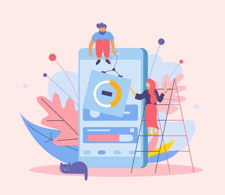 Web development flat composition with doodle human characters images of smartphone ladders and flowers with leaves vector illustration S